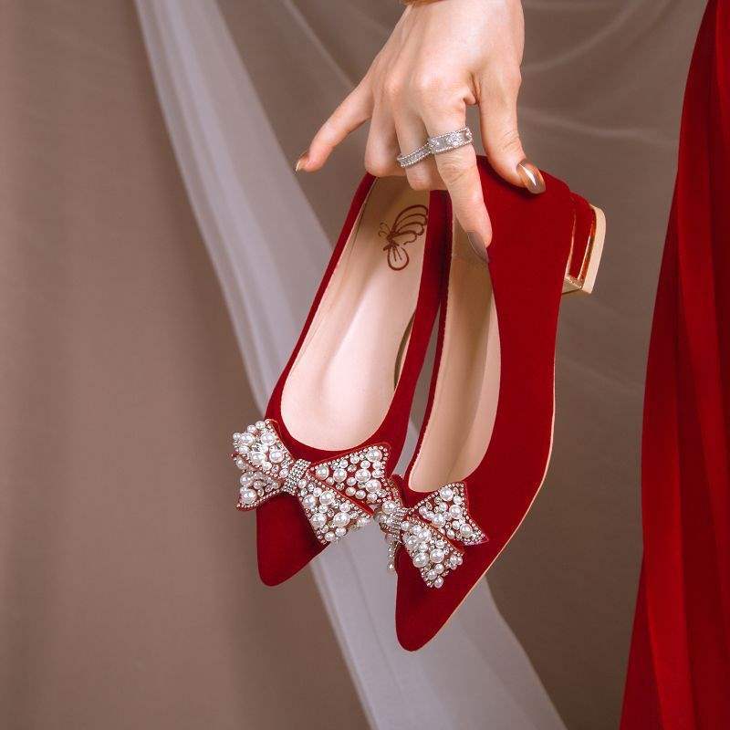 Wedding Shoes for Women Bride Low Heel Chinese Style Xiuhe Wedding Dress Two-Way Toast Red High Heel Maternity3Flat shoes that don't tire your feet