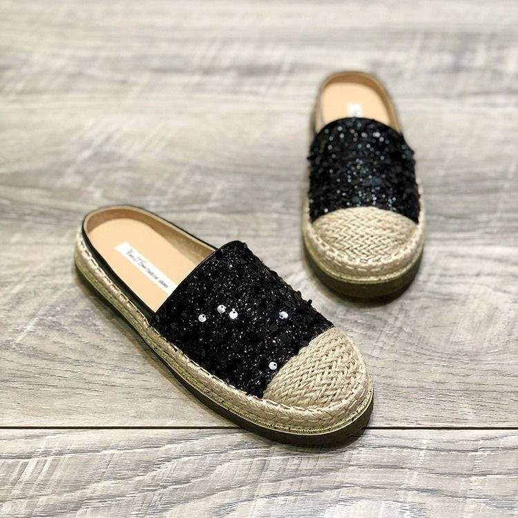 2025Spring New Knitted Retro Round Toe Sequin Slip-On Flat Fashion Closed-Toe Half Slippers Backless Fisherman Shoes