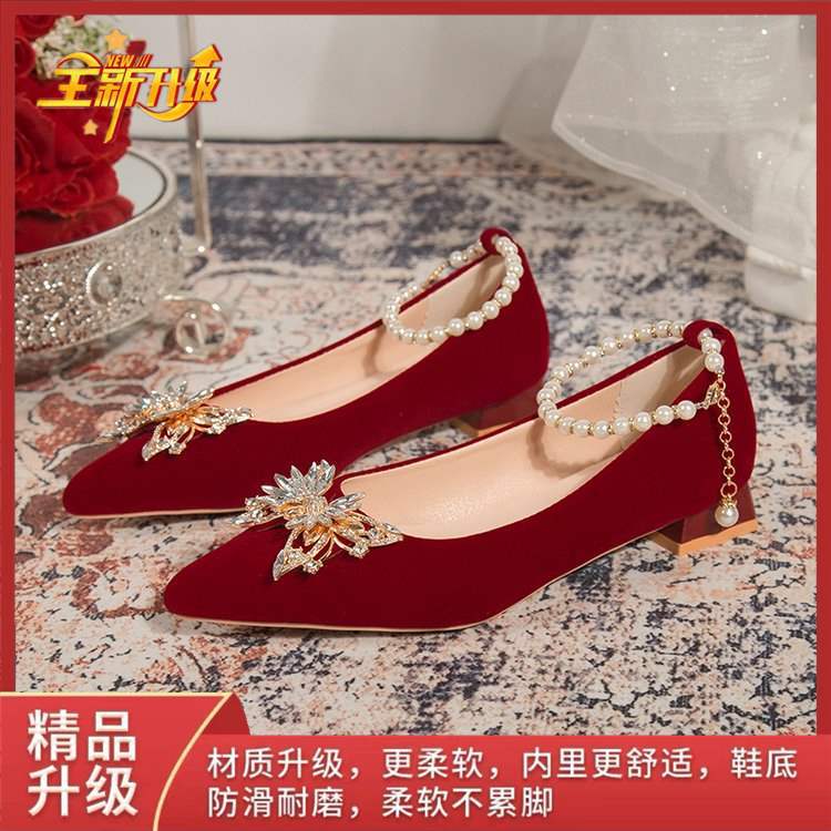 Pointed Elegant Burgundy High Heels2025New Year's New Socialite Bowknot Comfortable Bride Shoes Two-Way Wedding Shoes
