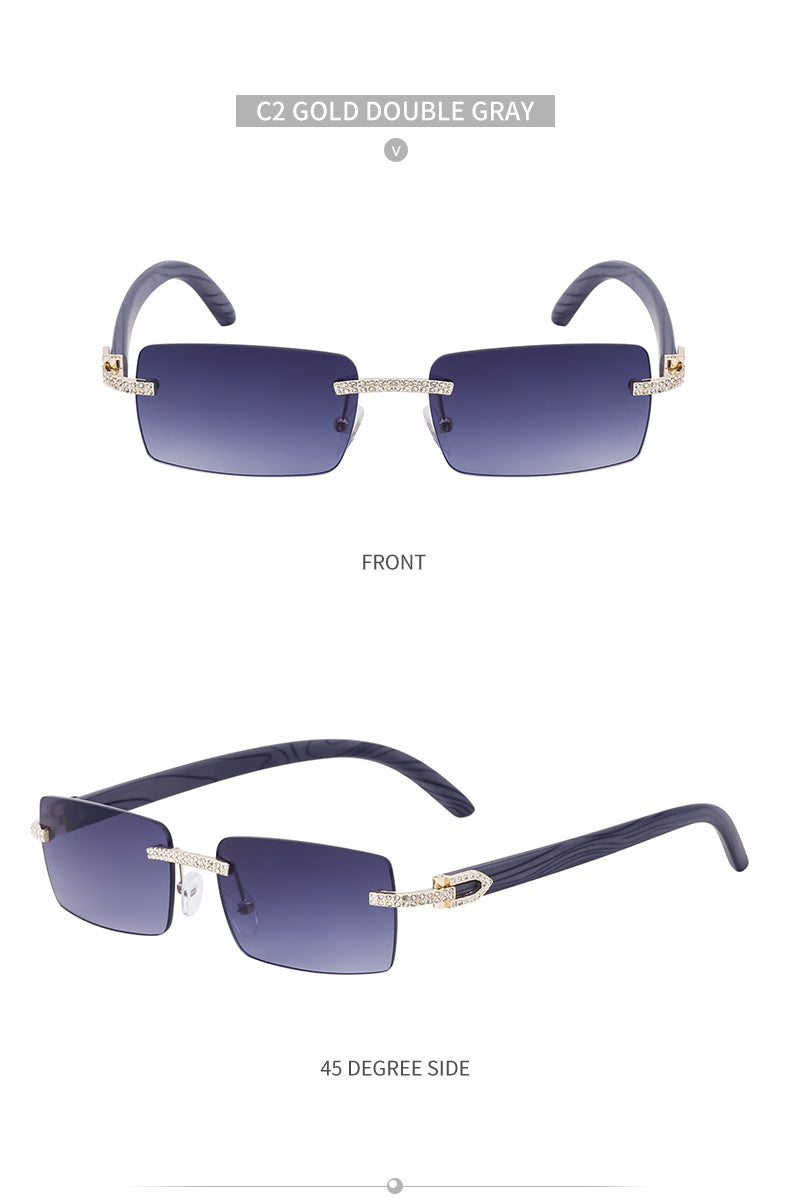 European and American Retro Frameless Men's Sunglasses with Diamond Inlay and Wood Grain Temples New Style Glasses Wholesale shades