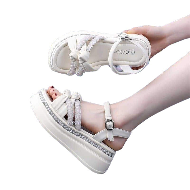 Export Internet Celebrity Women's Sandals2025New Summer Rhinestone Wedge Platform Thick Sole Roman Sandals Trendy