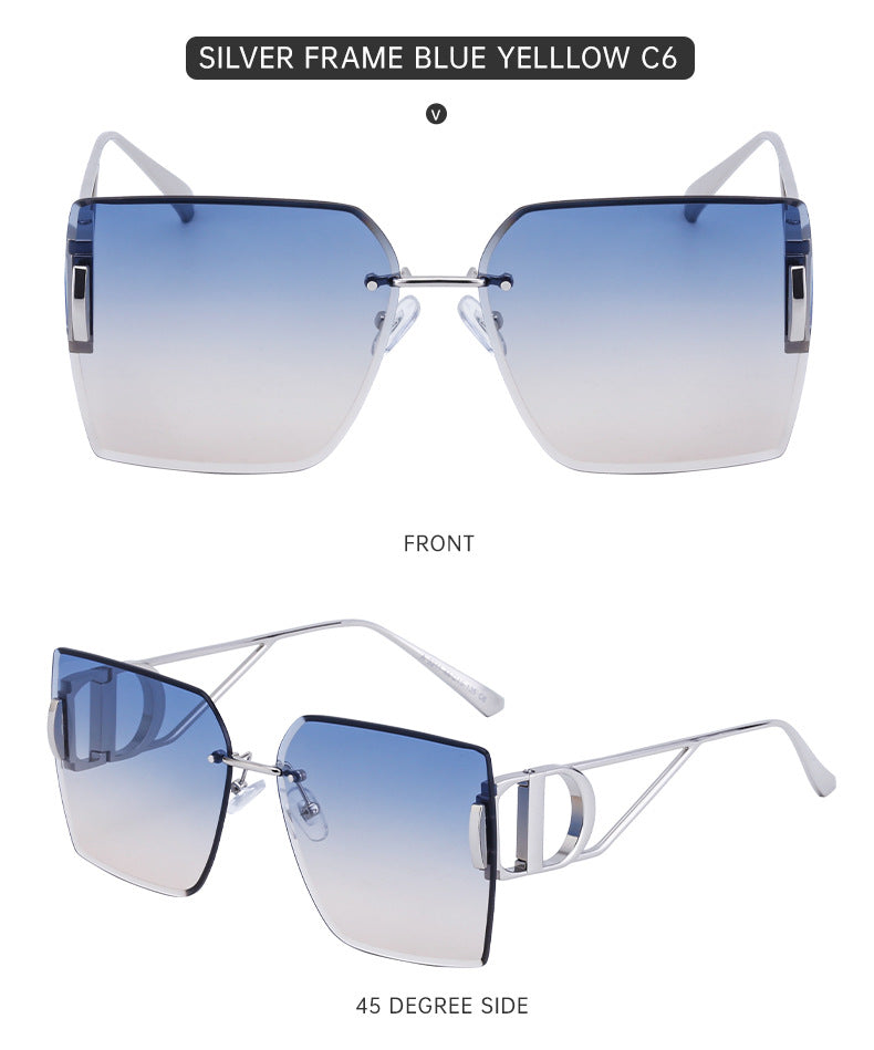 New European and American Fashion Diamond Cut Edge Rimless Sunglasses for Women Trendy Hollow Temple Large Frame Sunglasses Women's Glasses