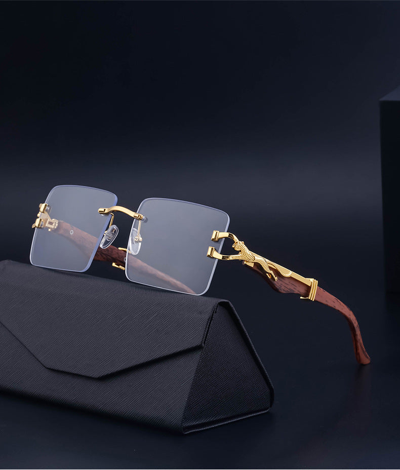 Vintage Rimless Sunglasses for Women with Leopard Wood Grain Temples, Square Frame Sunglasses for Men, Trendy Eyewear shades