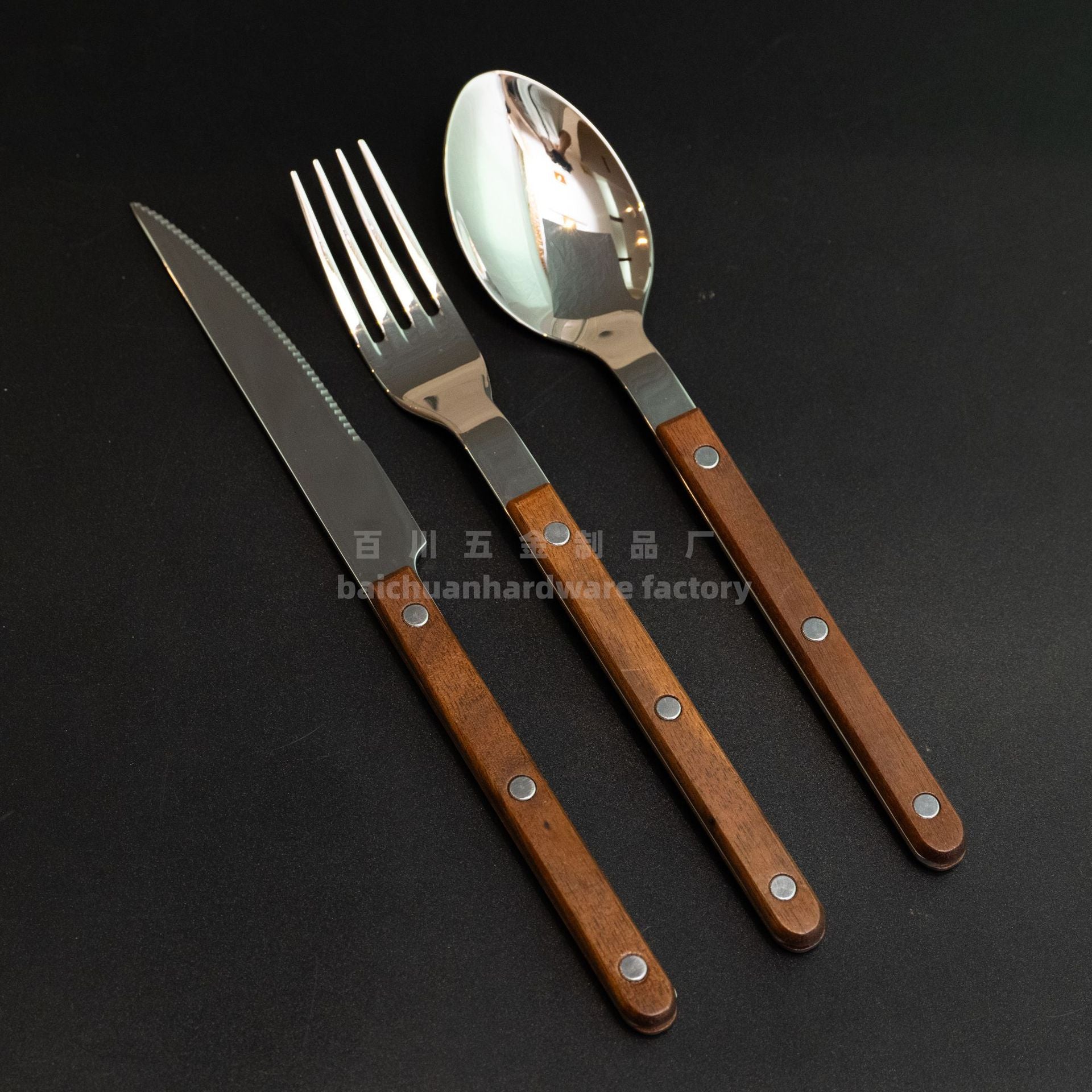 French Style Solid Wood Walnut Handle Western Cutlery Stainless Steel Knife Fork Spoon Wholesale Household Kitchen Western Restaurant