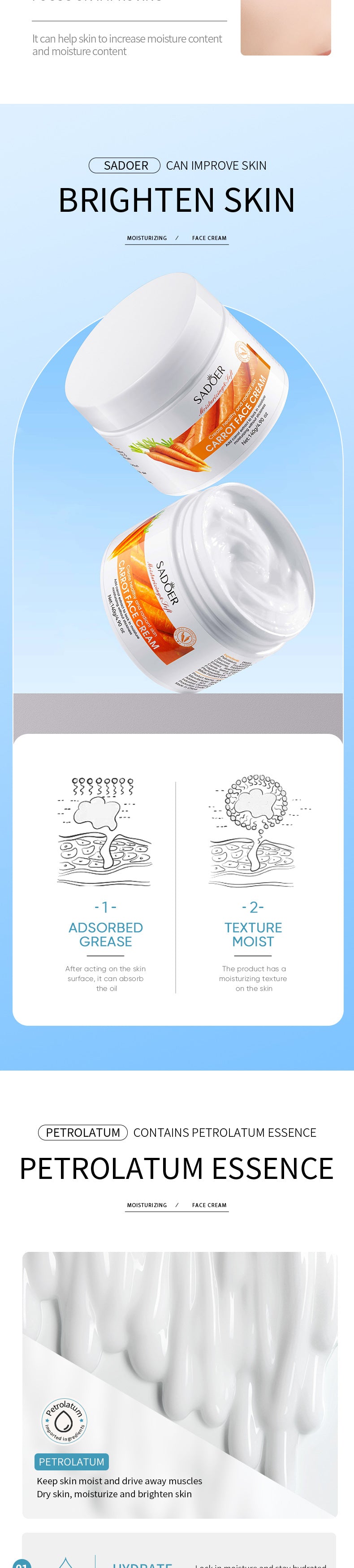 Plant Face Cream SADOER Avocado Aloe Carrot Moisturizing Cream  Wholesale