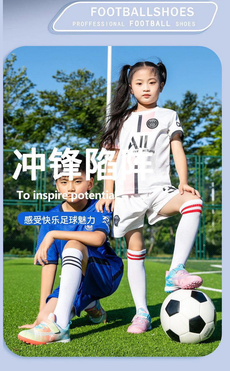 New Football Shoes for Men, Women, and Children, Imitation Leather Low-Top Anti-Collision Spike Magic Tape Grass Training Sports Shoes