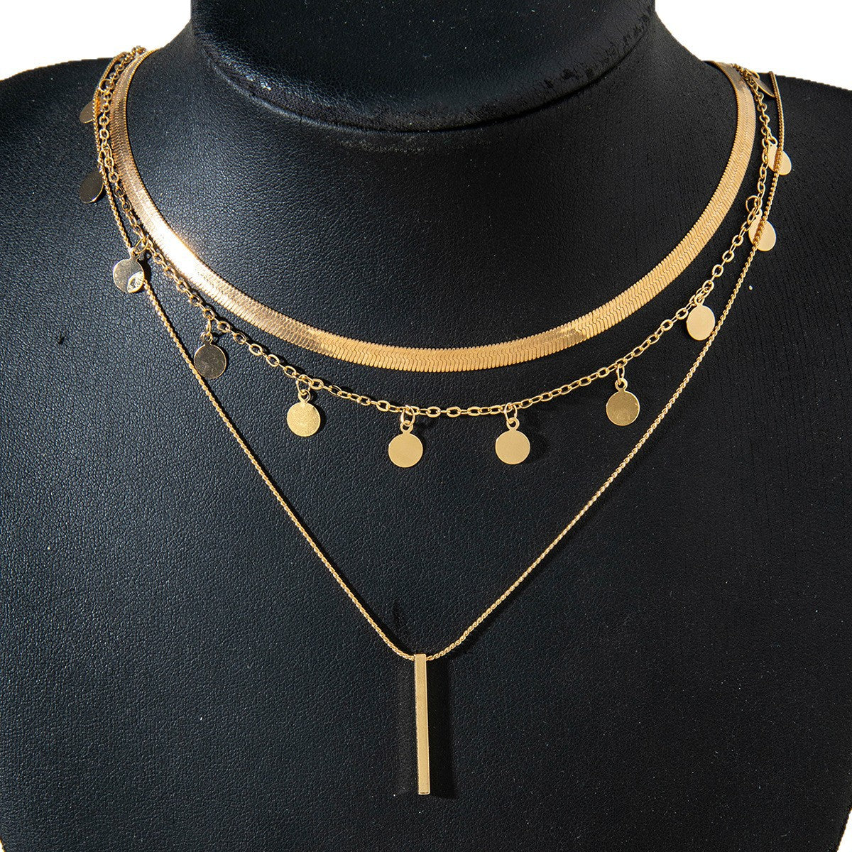 European and American Fashion Collarbone Chain Round Pendant Tassel Multi-layer Stacking Necklace Layered One-word Necklace3Set