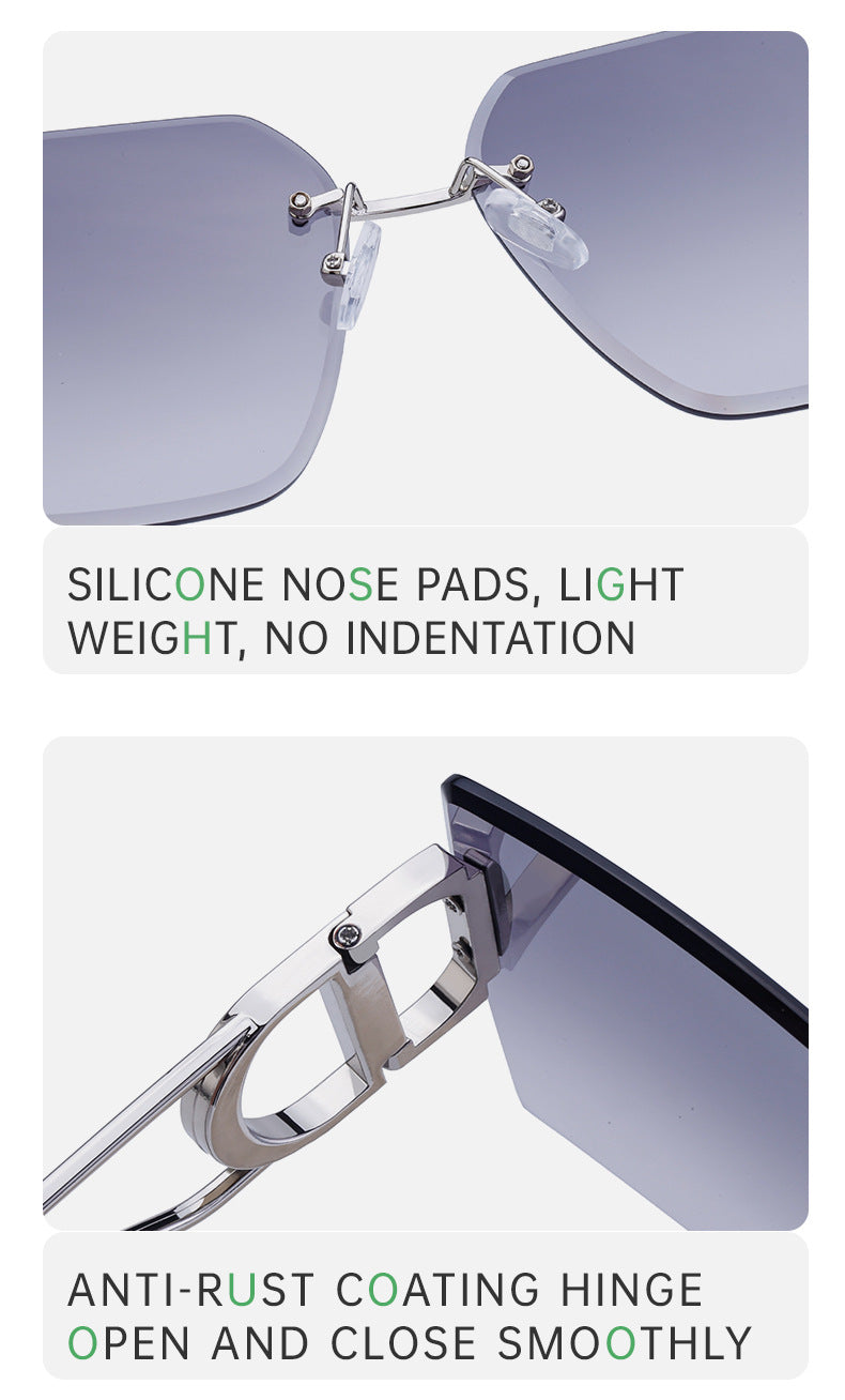 New European and American Fashion Diamond Cut Edge Rimless Sunglasses for Women Trendy Hollow Temple Large Frame Sunglasses Women's Glasses