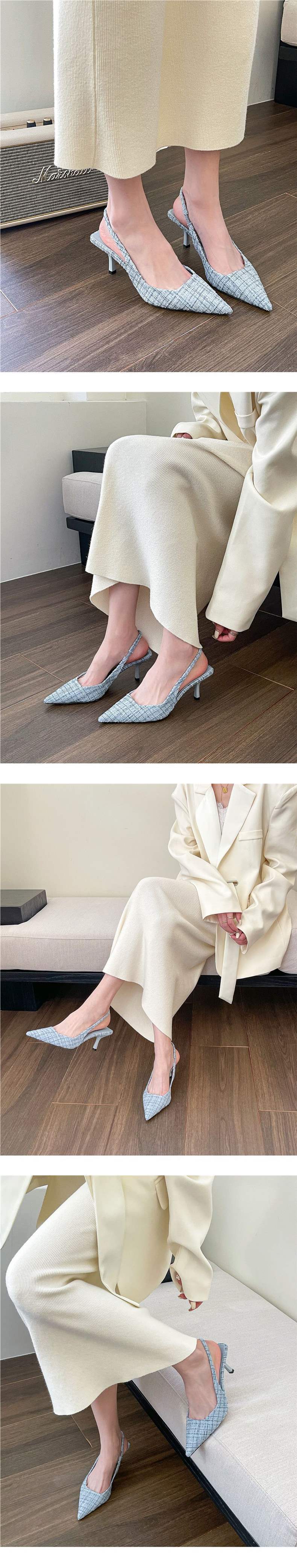 Chanel-inspired Sea Salt Blue Pointed High Heel Sandals2025New Women's Shoes with Open Back and Half Closed Toe Fashion Single Shoes