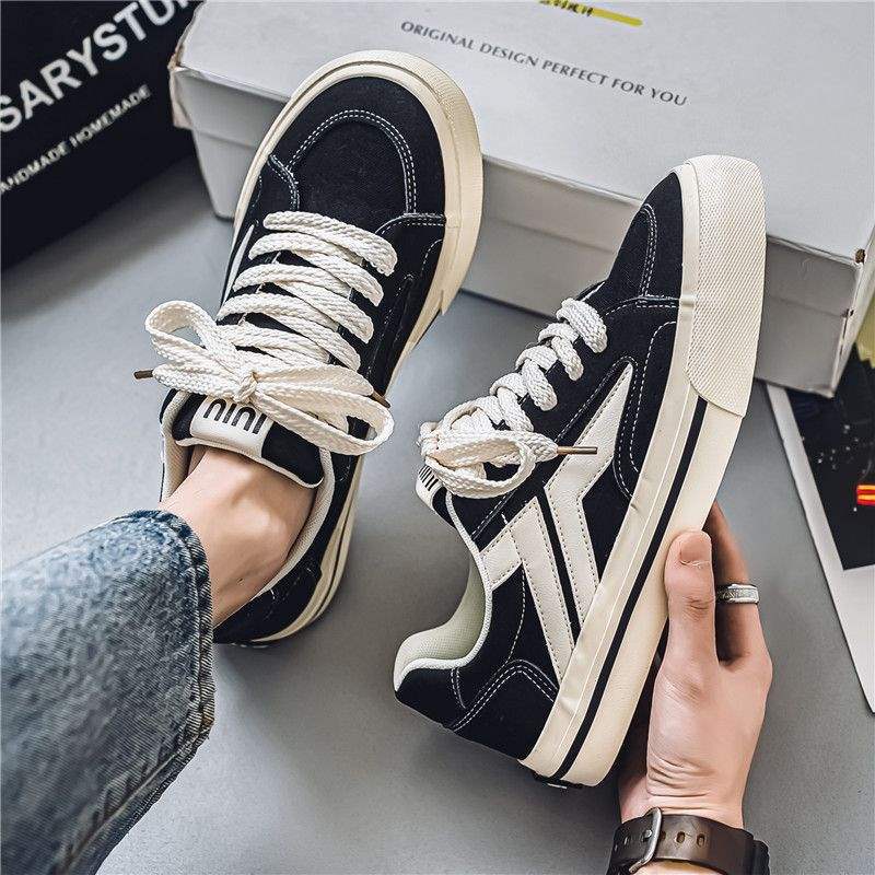 Canvas Shoes for Men, Autumn Trendy Versatile Casual Sneakers, Niche Design Student Sports Thick-Soled Height-Increasing Black Cloth Shoes