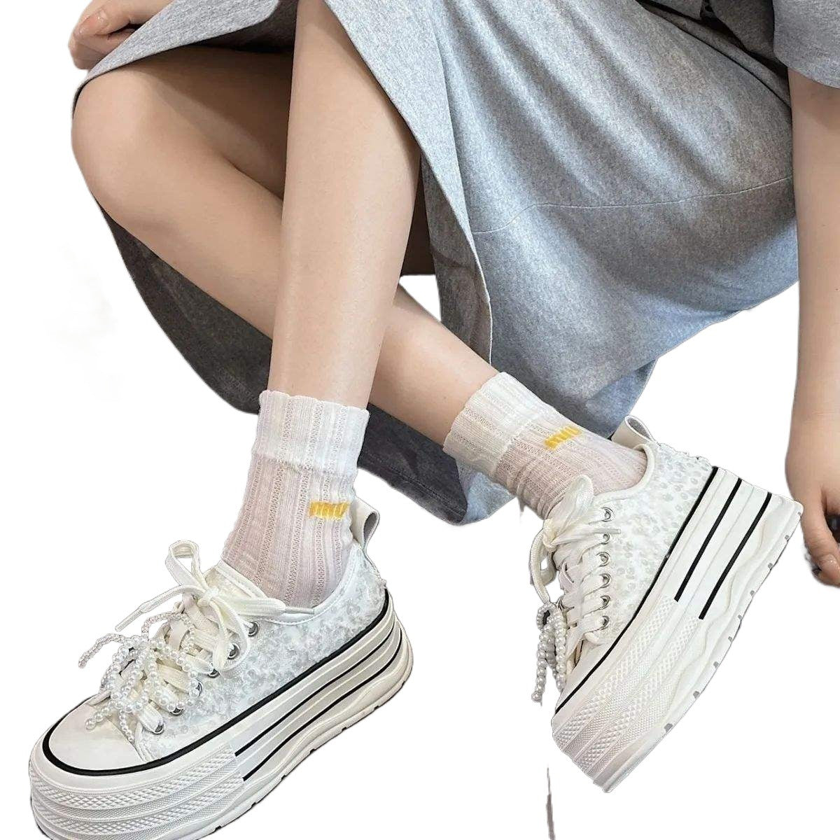 Women's Thick-Soled Canvas Shoes2025Summer New Sequin Pearl White Shoes Lightweight Versatile Height-Increasing Casual Sneakers