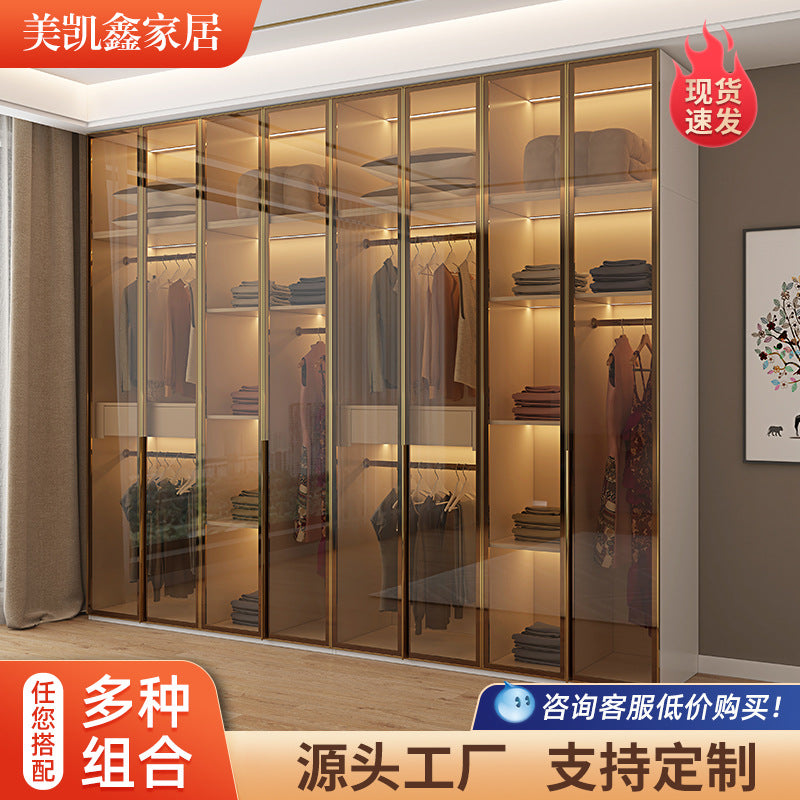 Glass Door Wardrobe with Lights, Solid Wood, Home Bedroom, Modern Simple European Pine Board, Cream Color, Skin Feel Storage, Large Wardrobe