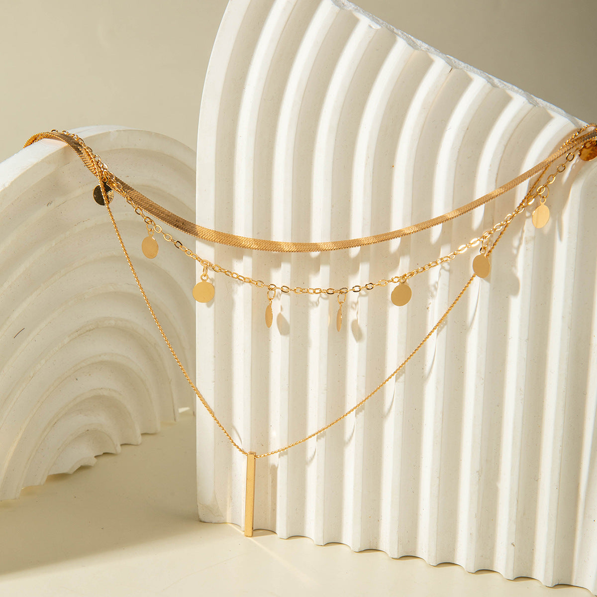 European and American Fashion Collarbone Chain Round Pendant Tassel Multi-layer Stacking Necklace Layered One-word Necklace3Set