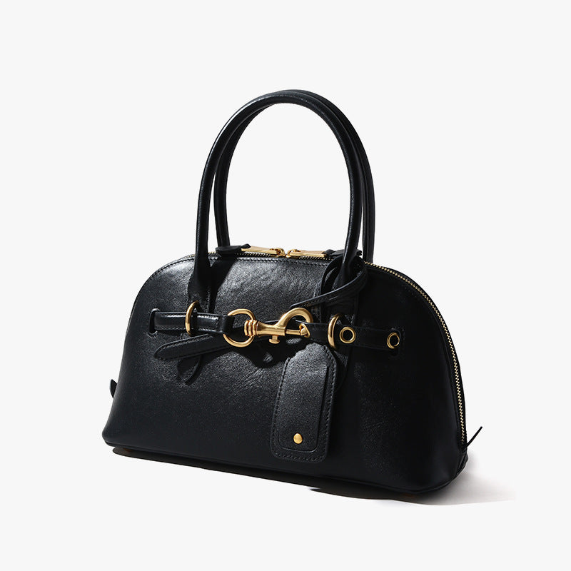 Miaojia Same Style European and American Retro Handbag Female Sense Top Layer Cowhide Crossbody Shell Bag Niche Boston Bag