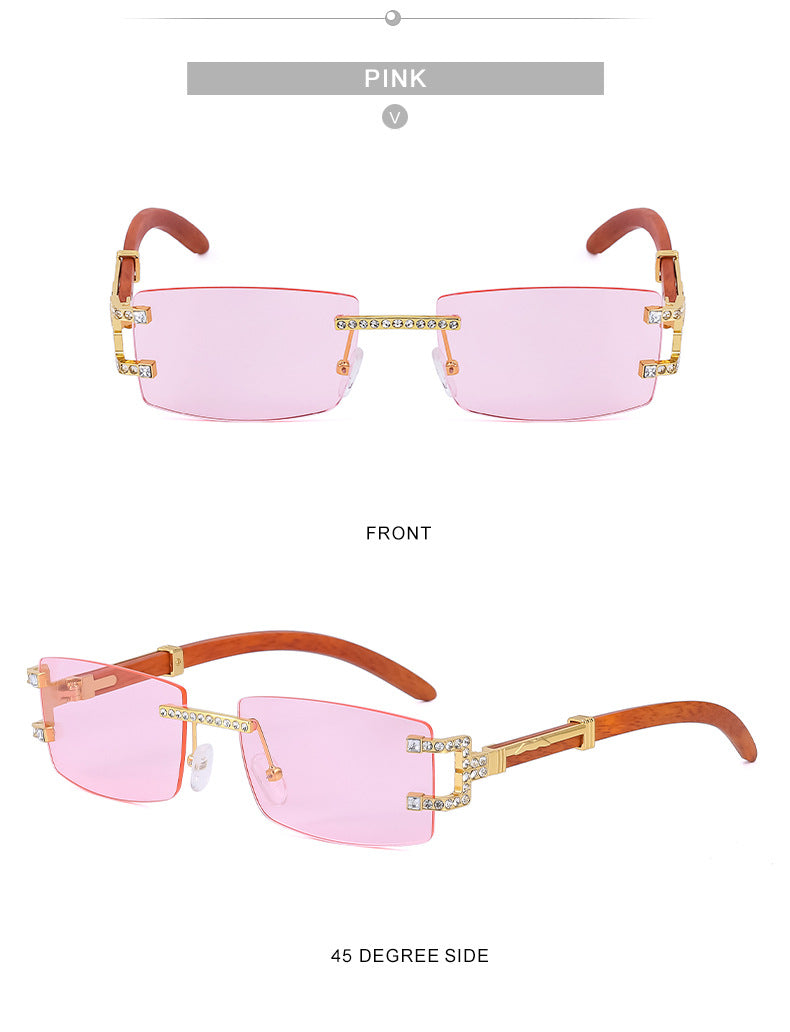 Imitation Wood Grain Leg Retro Sunglasses for Men Fashion Trend Diamond-Studded Rimless Sunglasses Men's Sun Protection Square Frame Glasses Street Style