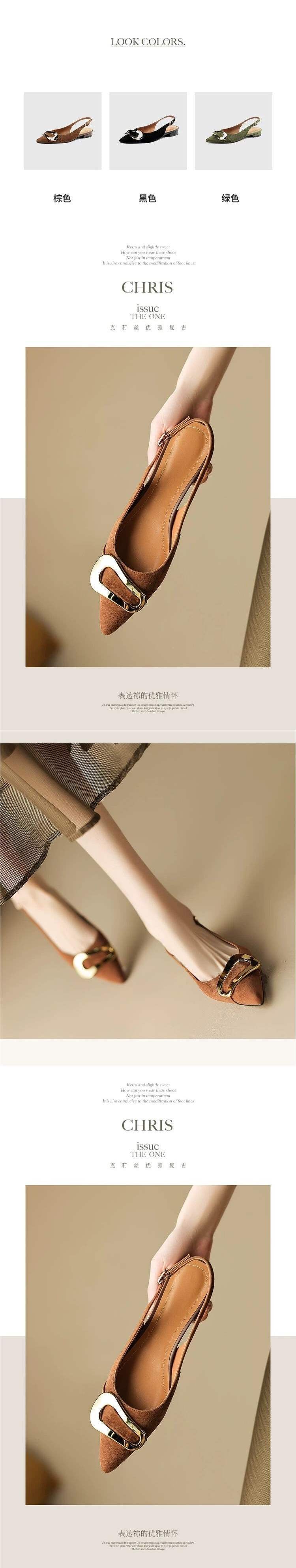 French retro metal buckle flat shoes for women2025Summer New Style Closed-Toe Sandals Pointed Elegant Shallow Mouth Flats