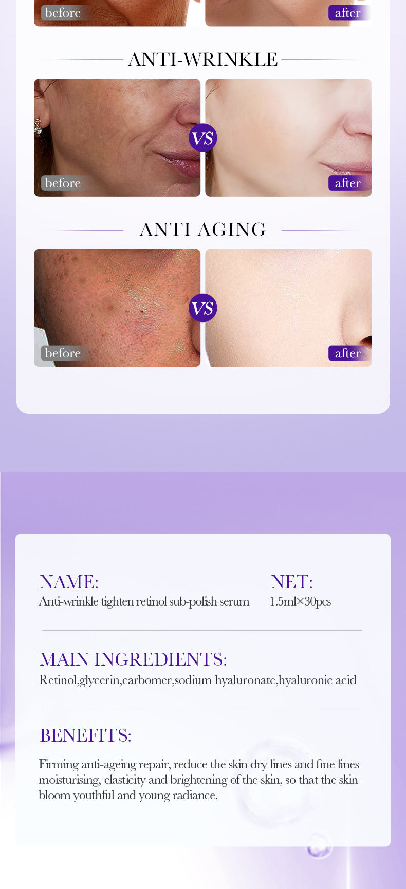 Full English Retinol Anti-Wrinkle Serum BIOAOUA Firming and Moisturizing Single-use Essence Liquid  Wholesale