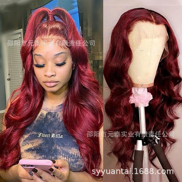 99J Front Lace Wig Big Waves Full Head Daily Women Long Curly Hair High Temperature Fiber Synthetic Wig Air Bangs