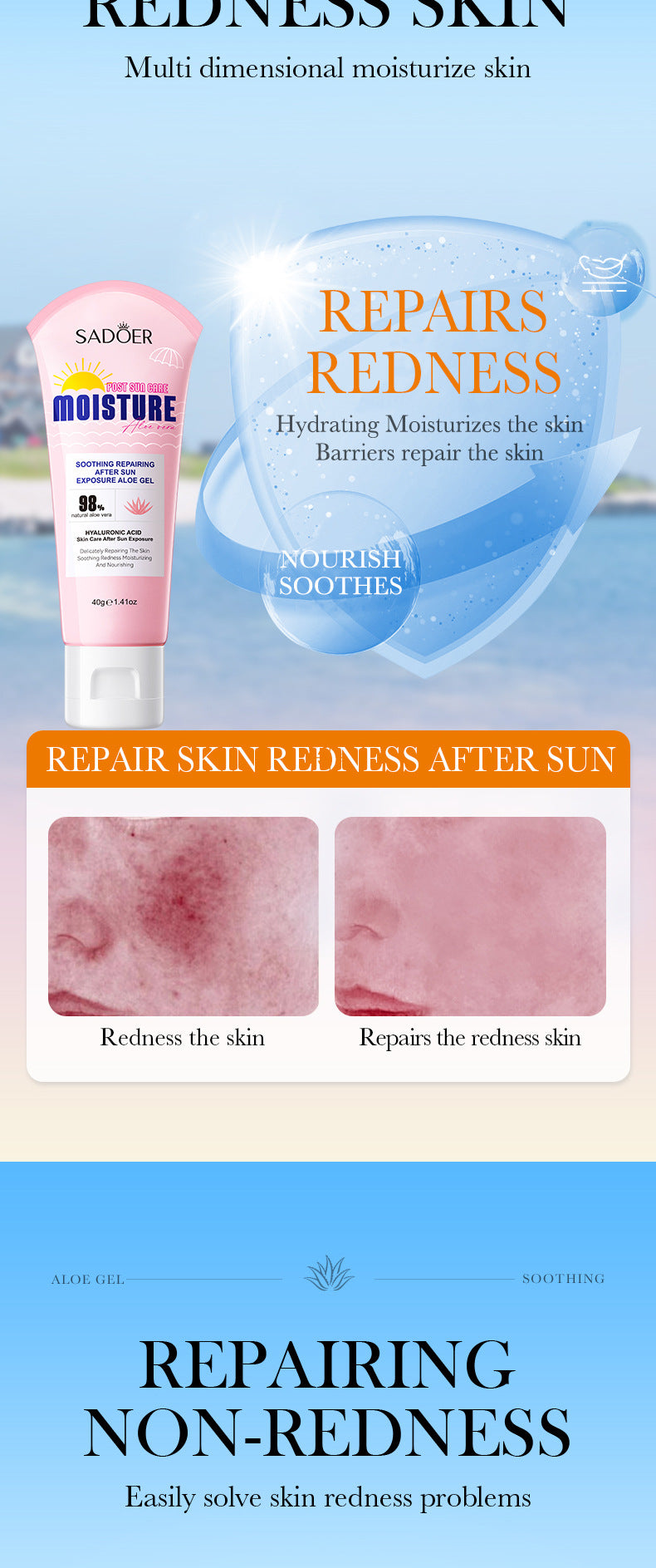 After Sun Soothing Aloe Vera Gel SADOER Moisturizing and hydrating aloe vera gel cross-border foreign trade wholesale