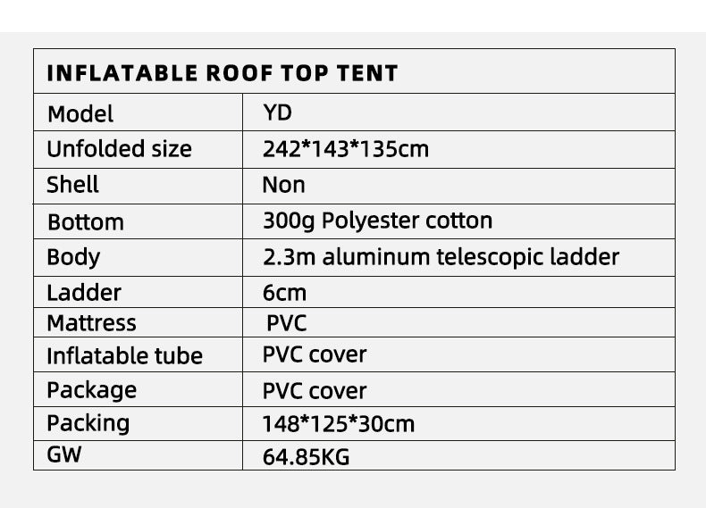 Self-Driving Tour Car Tent Outdoor Camping Black Mountaineering Windproof Waterproof Portable Inflatable Rooftop Off-Road