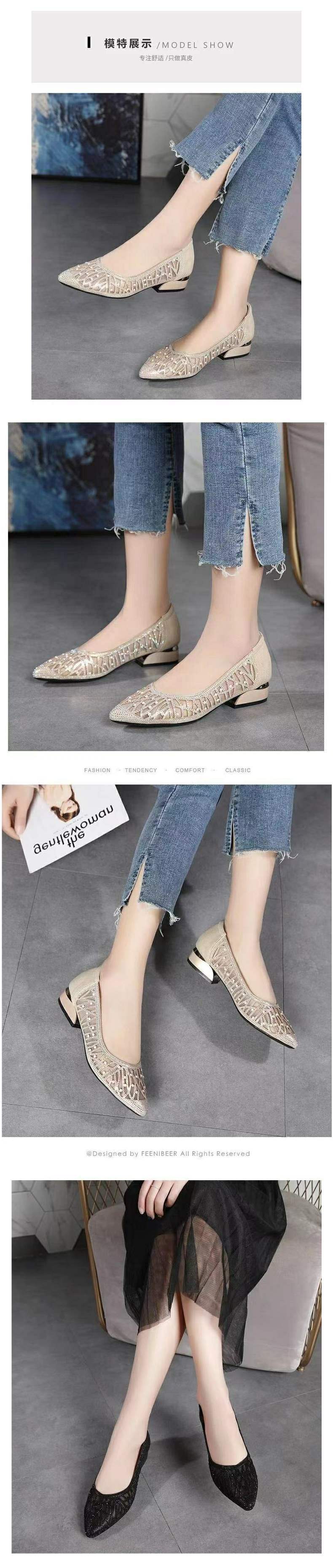 Women's Rhinestone Soft Leather Sandals2025Summer New Flat Hollow Mesh Shoes Shallow Mouth Mesh Single Shoes for Women
