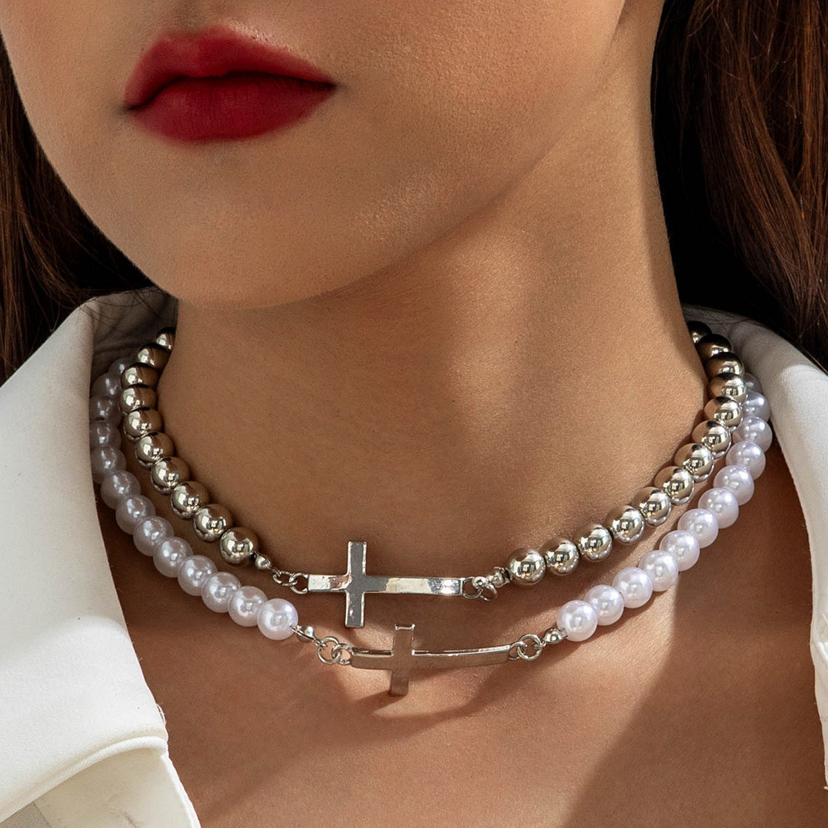 European and American Ornament  Simple Versatile Japanese and Korean Fresh Style Beaded Sugar Cube Round Bead Pearl Necklace Wholesale