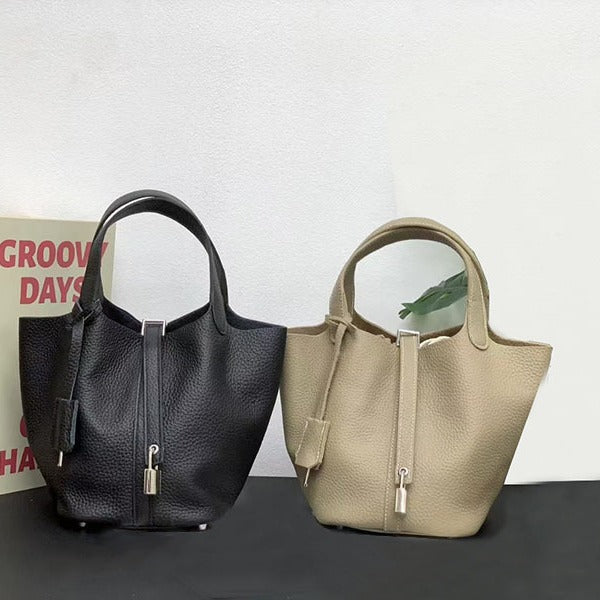 Genuine Leather Basket Bag2024New high-end casual bucket bag for women, top layer cowhide commuter handbag