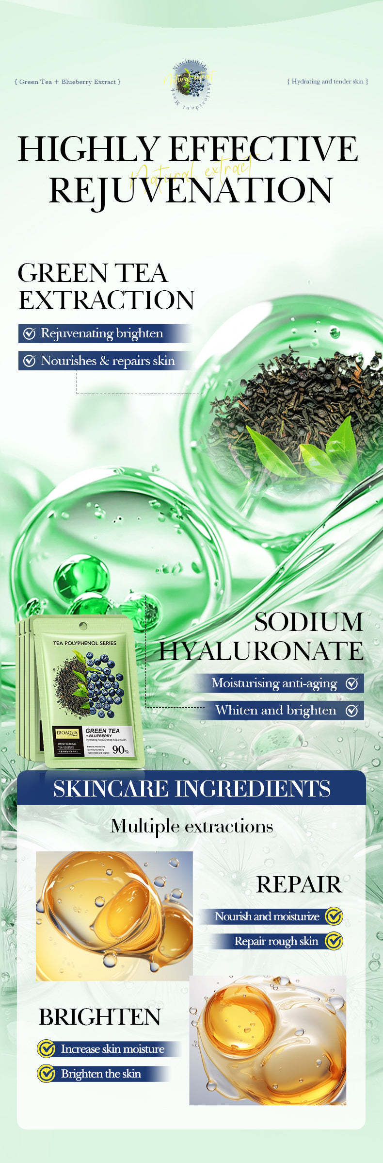 Green Tea Blueberry Rejuvenating Mask BIOAOUA Hydrating and Moisturizing Face Mask Stickers Cross-Border Wholesale