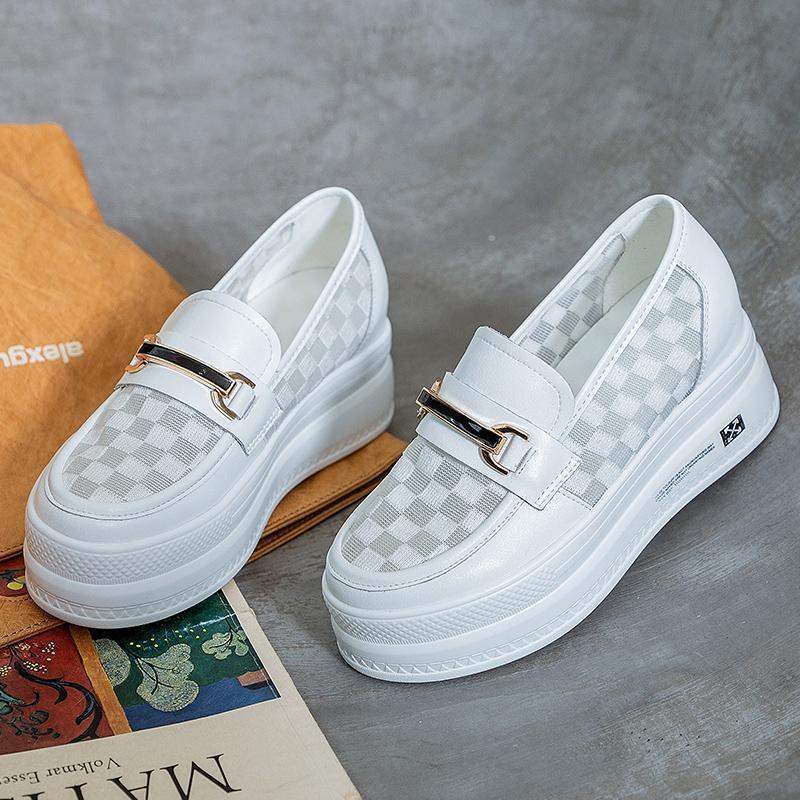 2025New Year's Casual Versatile Wedge Thick-Soled Loafers Summer Breathable Mesh Height-Increasing White Shoes for Women