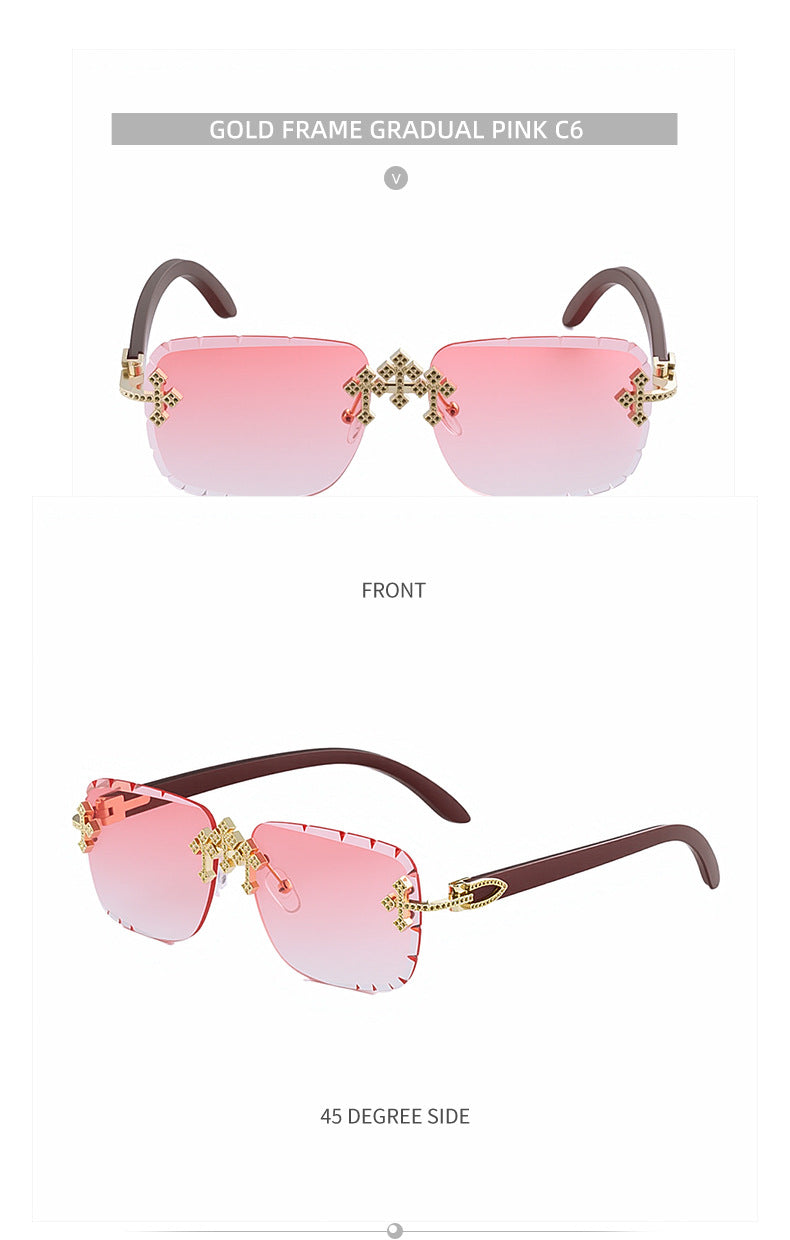 2025New European and American Retro Frameless Sunglasses for Men with Diamond Cut Edge and Imitation Wood Grain Temples Wholesale