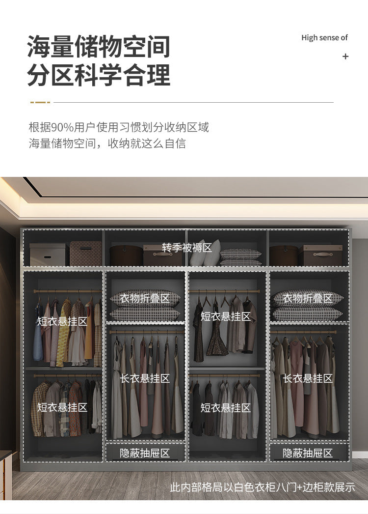 Flat Door Glass Door Wardrobe Modern Household Bedroom Cloakroom Four-Six-Eight Door Assembly Wardrobe Storage Large Wardrobe