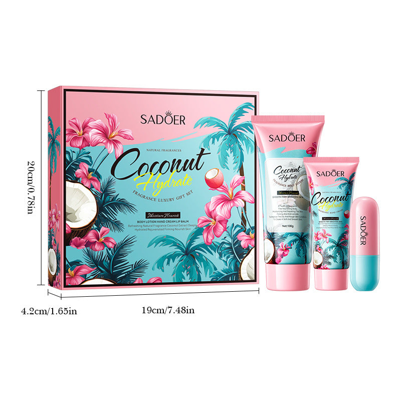 Full English Coconut Fragrance Luxury Care Gift Box SADOER Hydrating Body Lotion Hand Cream Lip Balm  Wholesale