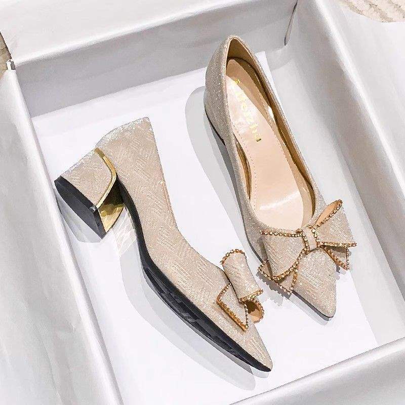 French style high heels with chunky heels and pointed toes for women2025New Spring and Autumn Style Elegant Plus Size Women's Shoes Mid-Heel Wedding Shoes