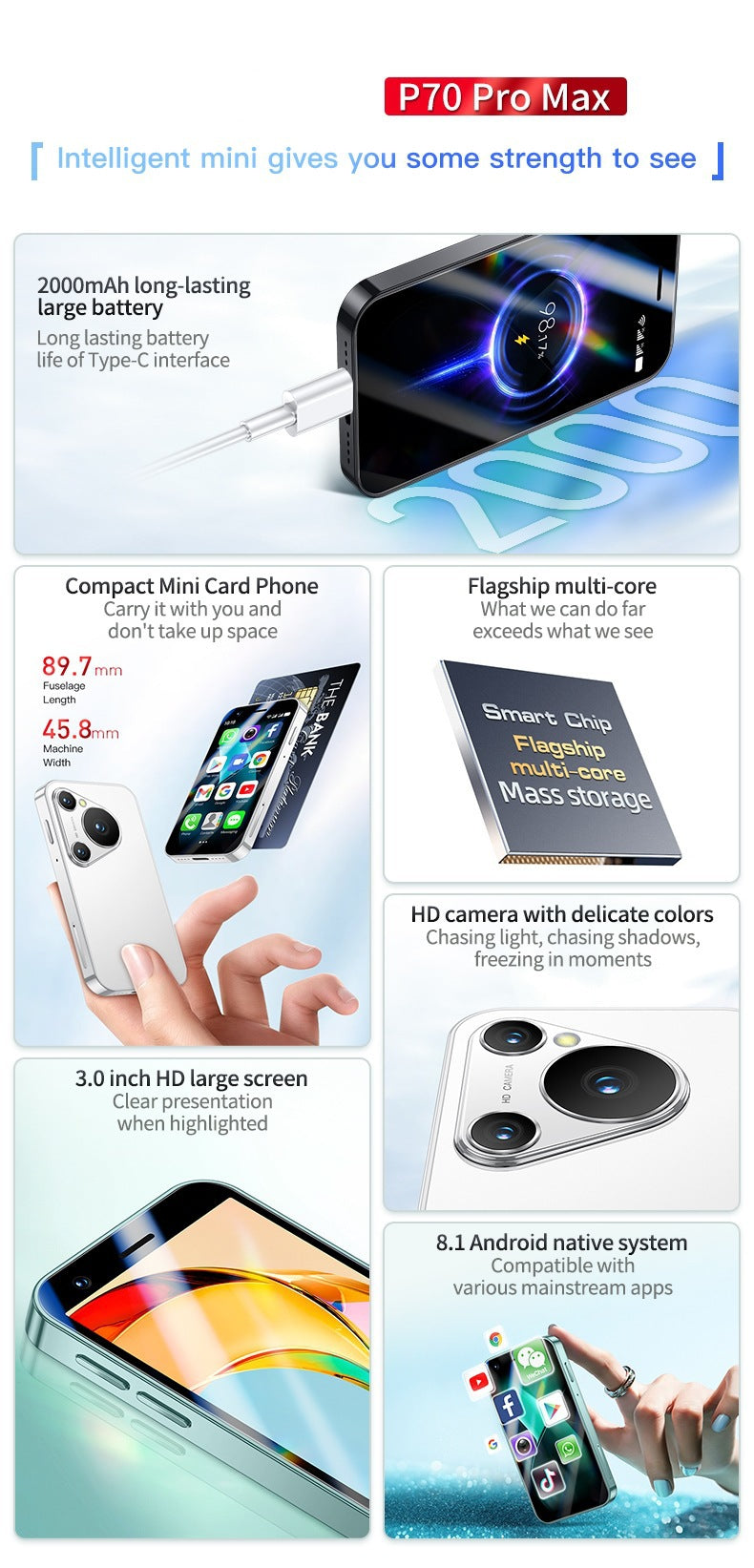 P7 Pro Mini Smartphone3.0Inch Screen Dual SIM Dual Standby mini Card Phone Export