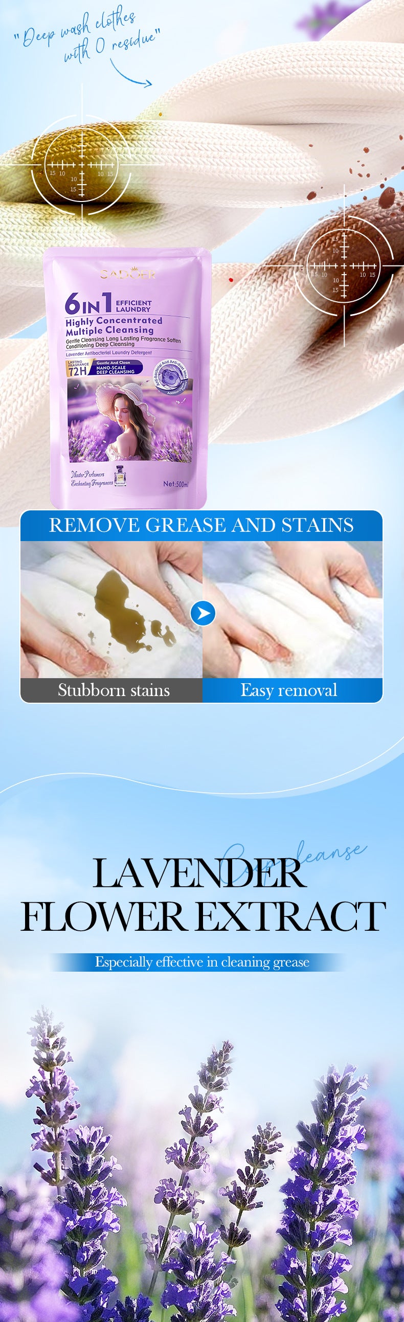 Cross-border Lavender Antibacterial Laundry Detergent500ml Fragrance Cleaning Clean Clothing Export Manufacturer Wholesale
