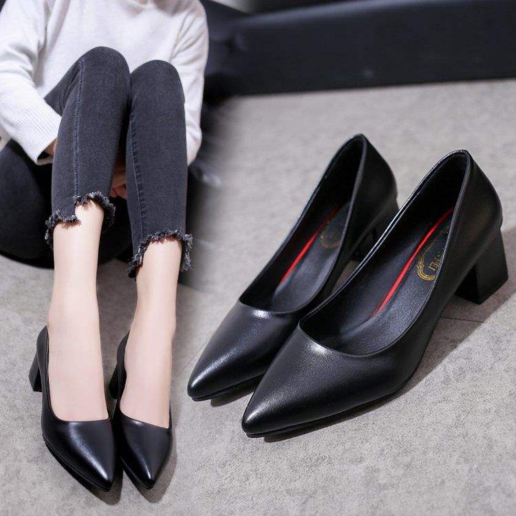 Spring and Autumn New Style Small Leather Shoes Thick Heel Square Buckle Single Shoes High Heels Black Professional Shoes Mid Heel Work Shoes Women's Shoes