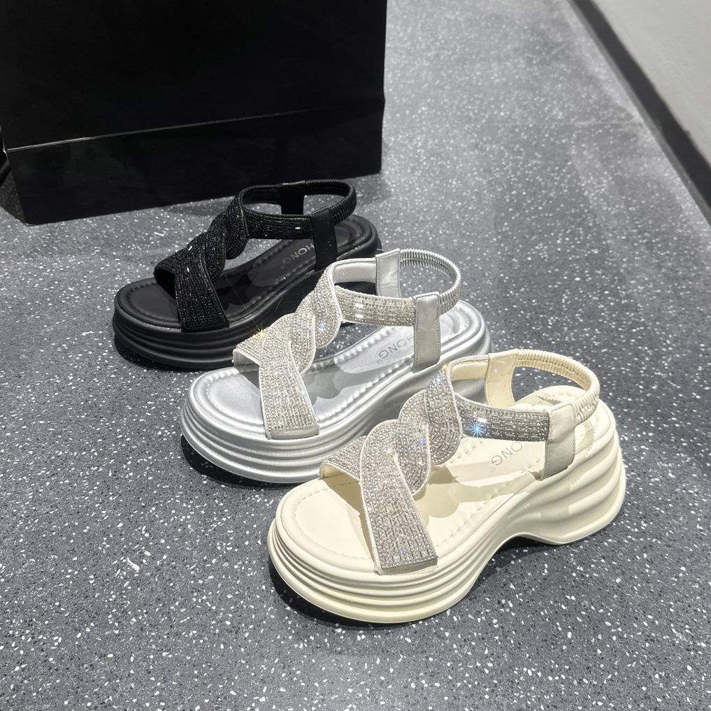 Trendy Summer High Heel Sandals7cm Rhinestone Fish Mouth Thick Sole Sandals Versatile Breathable