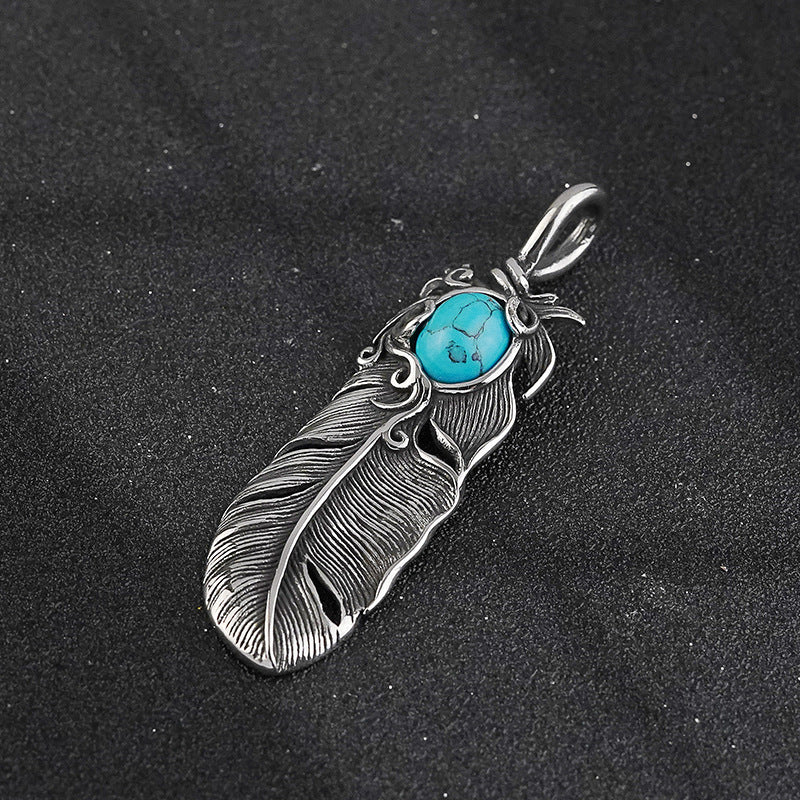 New Titanium Steel Necklace European and American Square Pearl Chain Hip Hop Rap American Pendant Accessories Retro Feather Ethnic Style