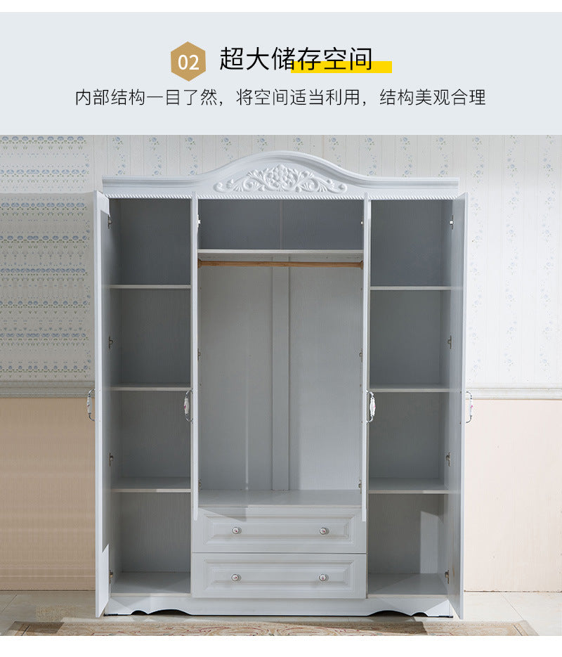 Simple Bedroom Wardrobe European Style Cloakroom Double-Opening Three-Door Four-Door Wooden Panel Rental Room Storage Space Organizer