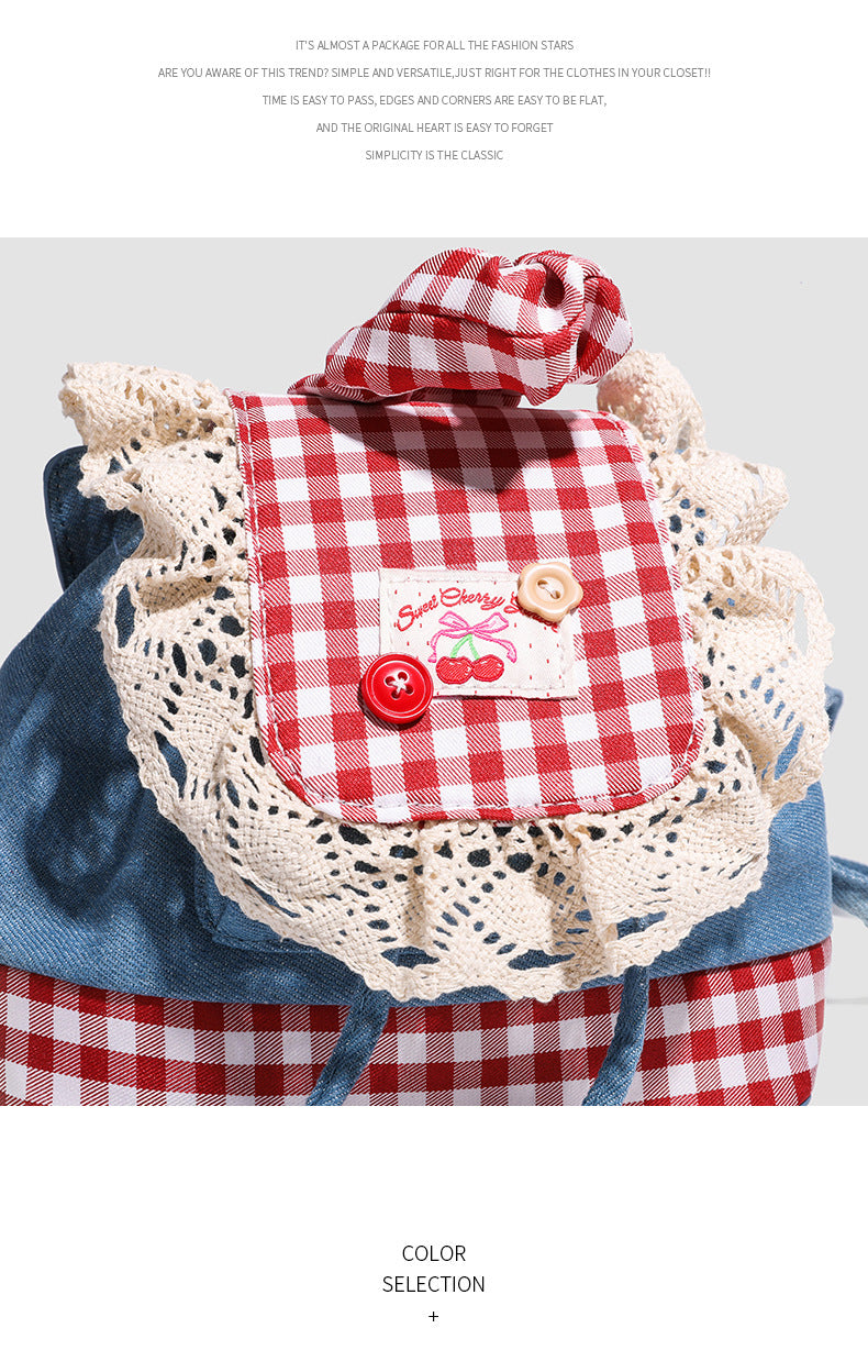 Lace trim denim backpack for women2025New Trendy Fashion Plaid Lace Backpack Handbag Shoulder Bag