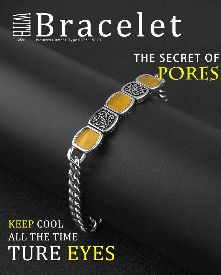 New Ethnic Style Stainless Steel Orange Gemstone Bracelet Vintage Versatile Unisex Titanium Steel Jewelry