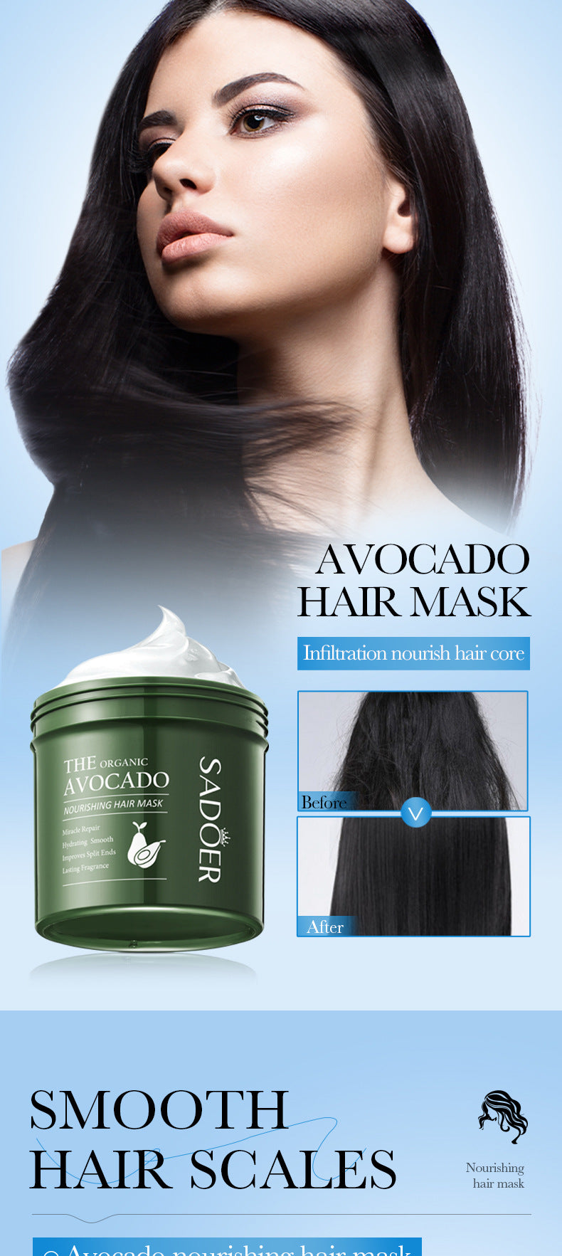 Avocado Smooth and Nourishing Hair Mask SADOER Cross-border foreign trade wholesale of frizz improvement conditioner