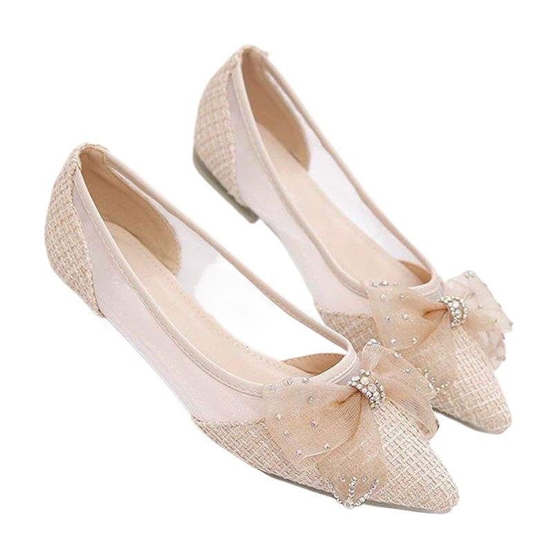 Summer Breathable Cool Single Shoes for Women, New Korean Style Evening Breeze Loafers, Bowknot Mesh Pointed Flat Shoes