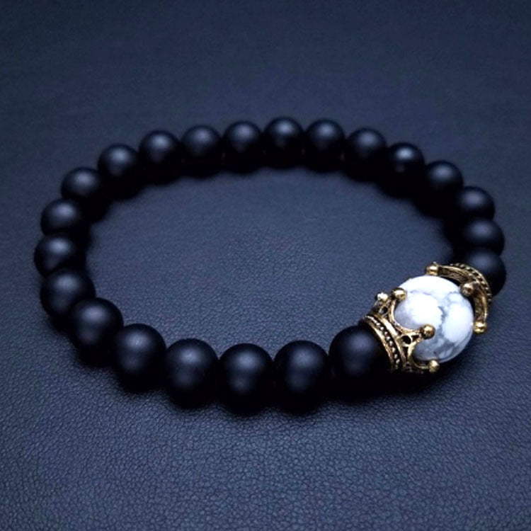 Men's Black Matte White Pine Bracelet8mm Elastic Cord Beaded Black Gallstone Volcanic Tiger Eye Frosted Crown Bracelet
