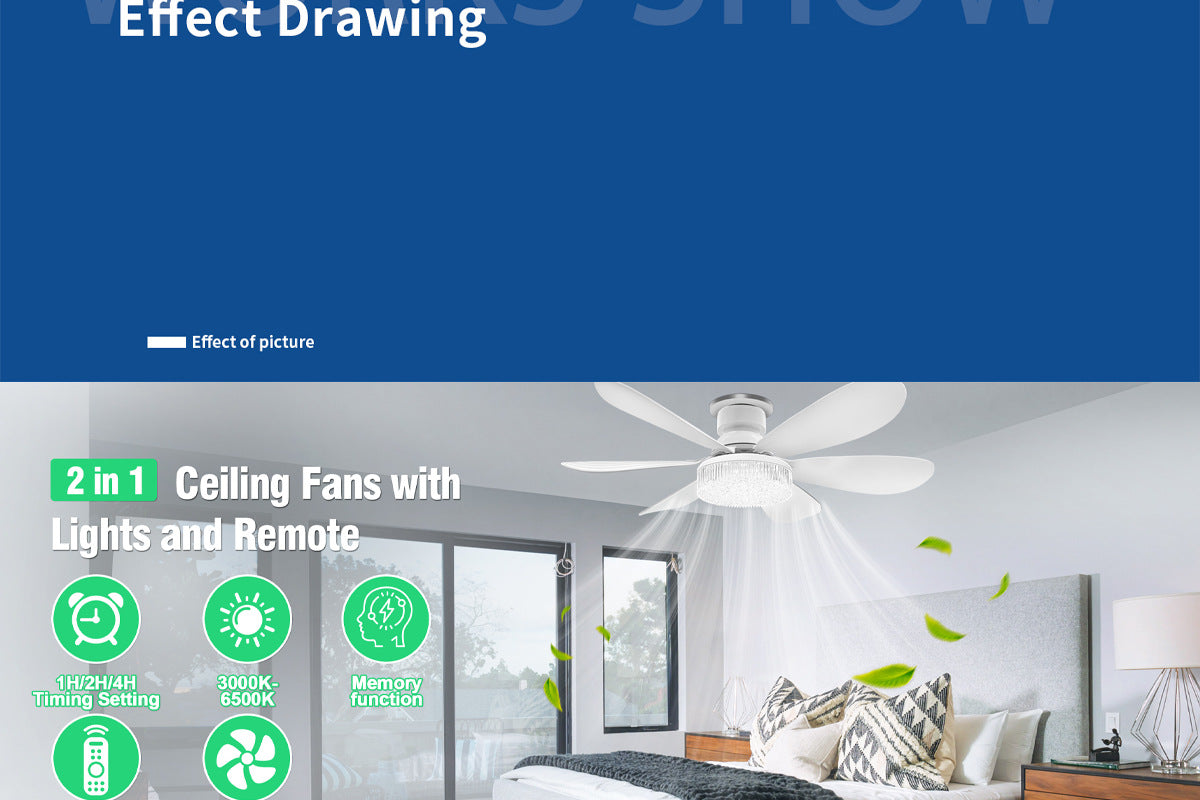 40W Crystal Fan Light Ceiling Fan Light Flower-Shaped Fan Light Living Room Ceiling Fan Light Simple Detachable Fan Blade Light Colorful