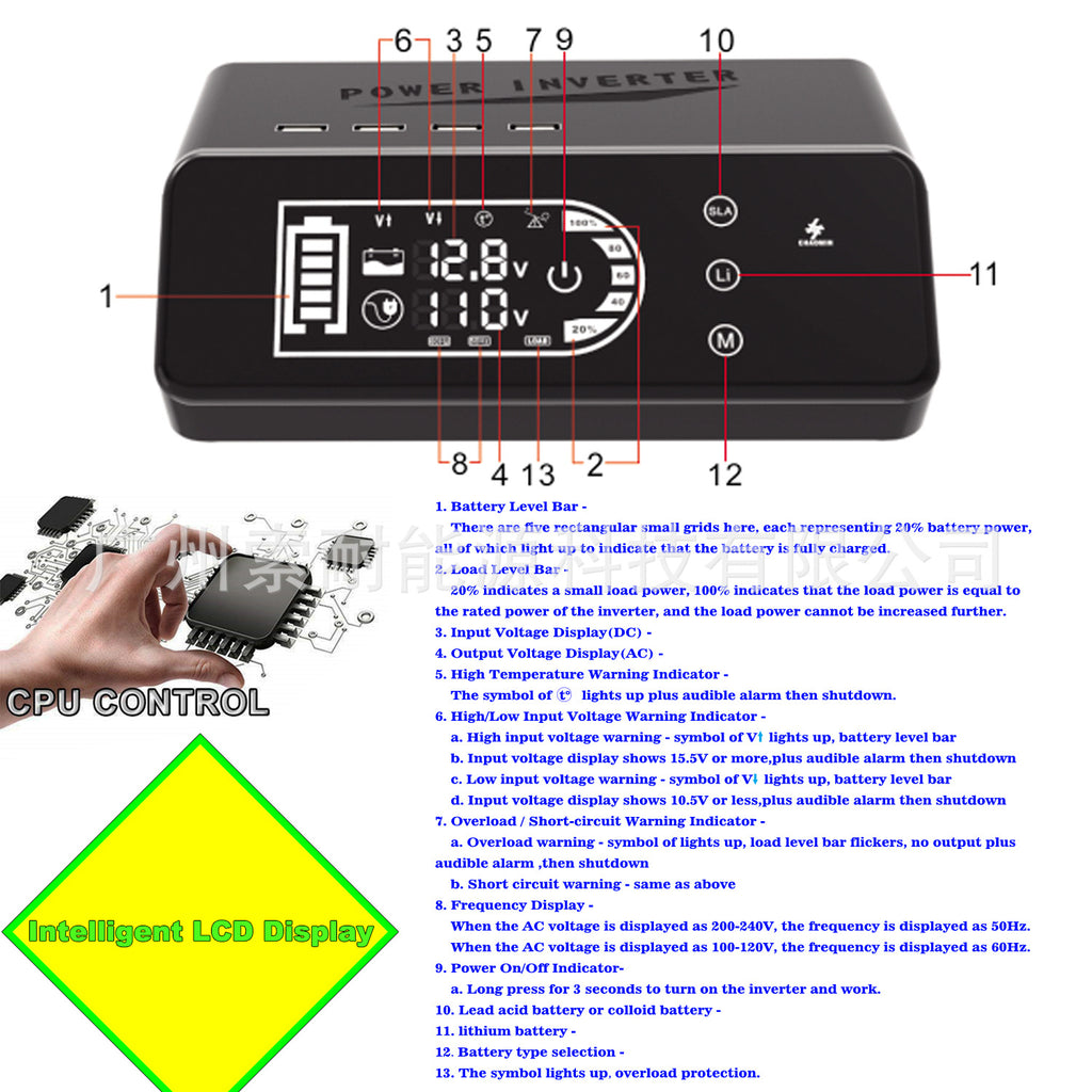 Pure Sine Wave Inverter1000W 12V Turn110V Smart Touch Display Screen eBay Amazon New Product