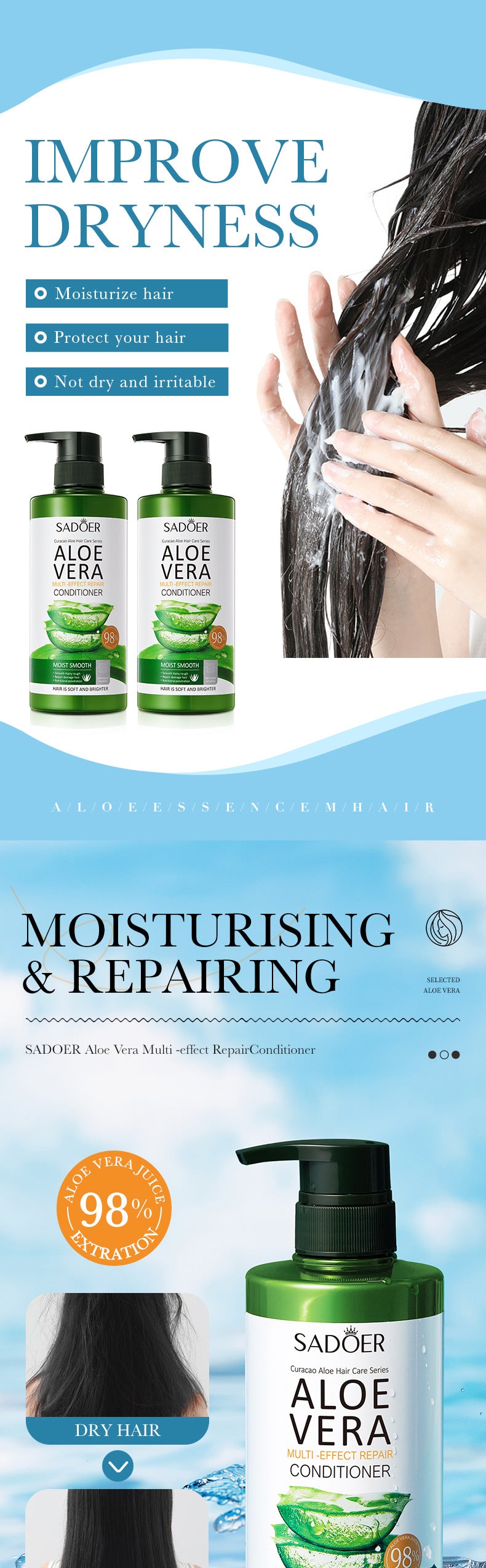 Aloe Vera Conditioner500ml SADOER Multi-effect Frizz Improvement Large Capacity Cross-border Wholesale