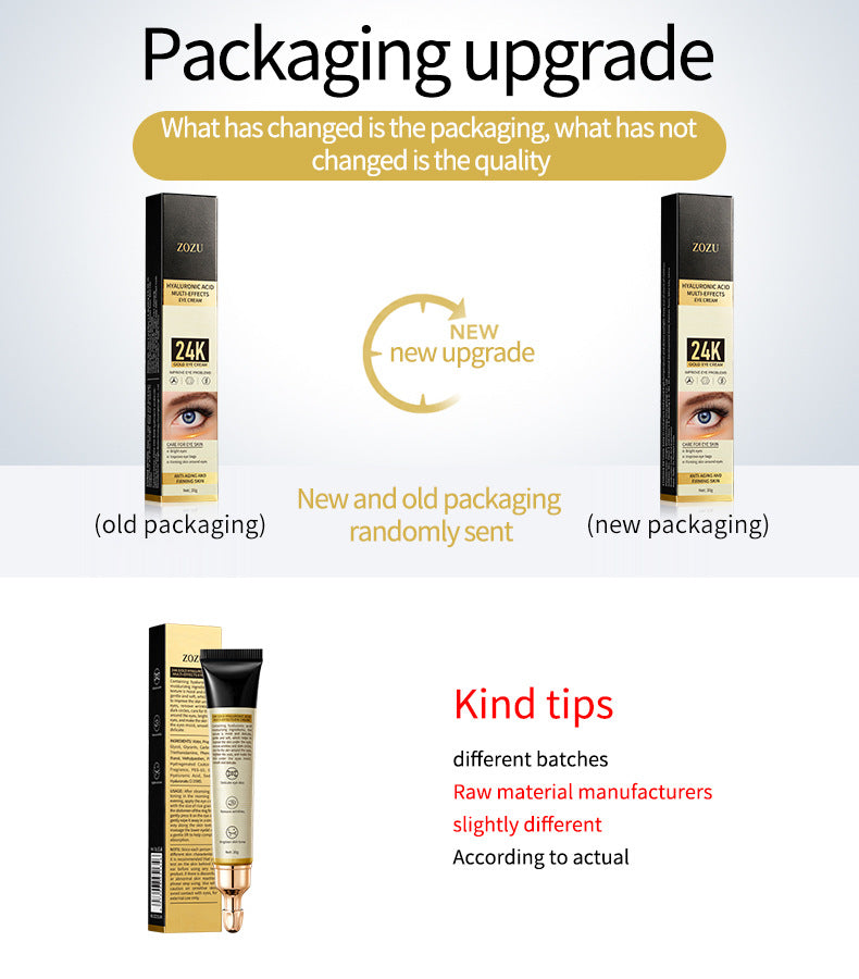 24K Gold Eye Cream ZOZU Hyaluronic Acid Hydrating and Moisturizing Eye Cream for Eye Wrinkles Cross-Border Wholesale