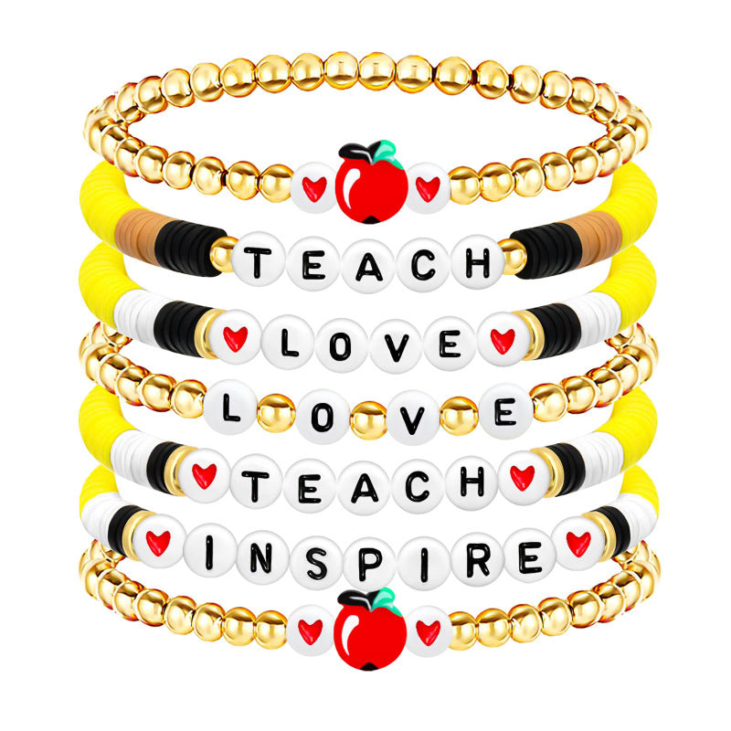 Teacher's Day Thank You Bracelet Set Stackable Soft Clay Heart Gift for Teachers Teach Alphabet Soft Clay Bracelet