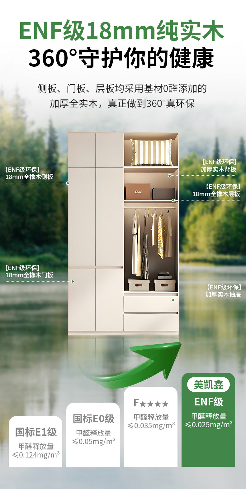 ENF Grade Solid Wood Wardrobe for Home Bedroom, No-Assembly Storage Cabinet, Cream Style Oak Segmented Custom Wardrobe